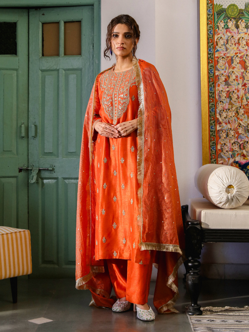 Orange Zari Embroidered Kurta Set with Dupatta at Kamakhyaa by RoohbyRidhimaa. This item is Chanderi Silk, Dupattas, Festive Wear, Kurta Set with Dupattas, Kurta Sets, Orange, Relaxed Fit, Sequins, Silk Chanderi, Toxin free, Viscose Raw Silk, Zari Embroidered