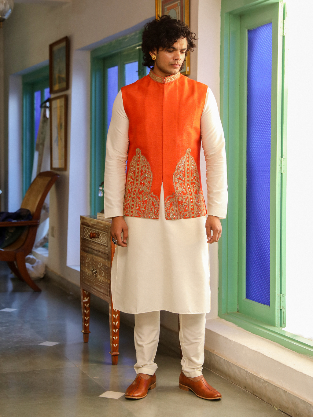 Orange Zari Embroidered Silk Jacket at Kamakhyaa by RoohbyRidhimaa. This item is Aangan By RoohbyRidhimaa, Diwali 2024, Diwali Wear, Eid Special, Eid Wear, Festive Wear, Independence, Indian Wear, Jackets, Men Jackets, Men Overlays, Menswear, Menswear By RoohbyRidhimaa, missing, Orange, Regular Fit, Sangeet Function, Traditional Wear, Viscose, Viscose Raw Silk, Wedding Wear, Winter Products, Zari Embroidery