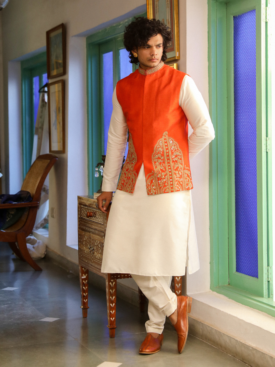 Orange Zari Embroidered Silk Jacket at Kamakhyaa by RoohbyRidhimaa. This item is Aangan By RoohbyRidhimaa, Festive Wear, Jackets, Men Jackets, Menswear By RoohbyRidhimaa, Orange, Regular Fit, Viscose Raw Silk, Zari Embroidered