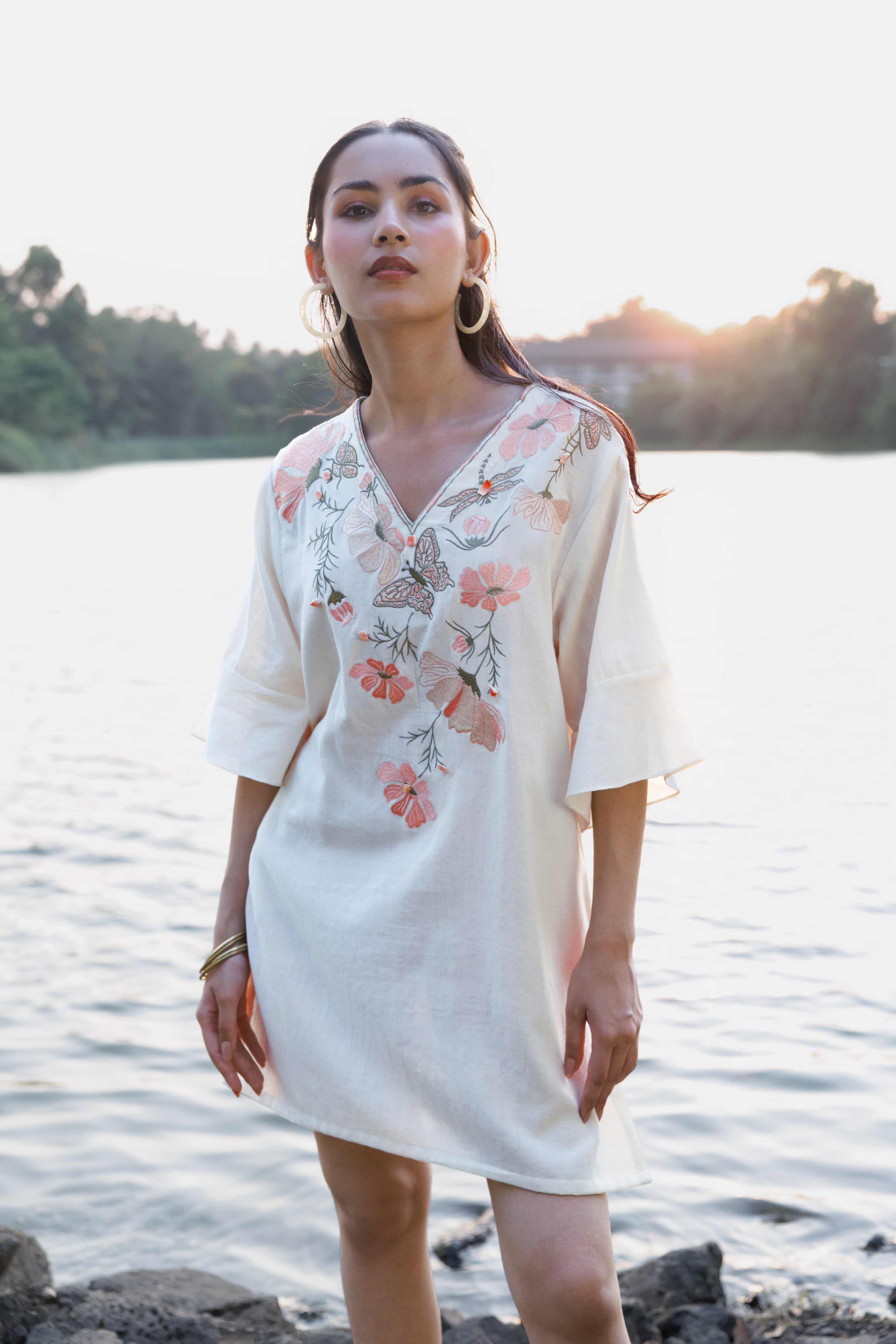 Orange floral Embroidered Short Kaftan Dress at kamakhyaa.com by Akashi Clothing. This item is Cosmos by Akashi Clothing, Internal Tags Missing, Under $50