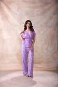 Organza Top with Embroidered Pant Set at Kamakhyaa by Akashi Clothing. This item is Co-ord Sets, Festive Wear, Hand Embroidered, Lavender, missing, Modal Satin, Organza, Party Wear, Party Wear Co-ord Sets, Relaxed Fit, Womenswear, Zaira by Akashi Clothing