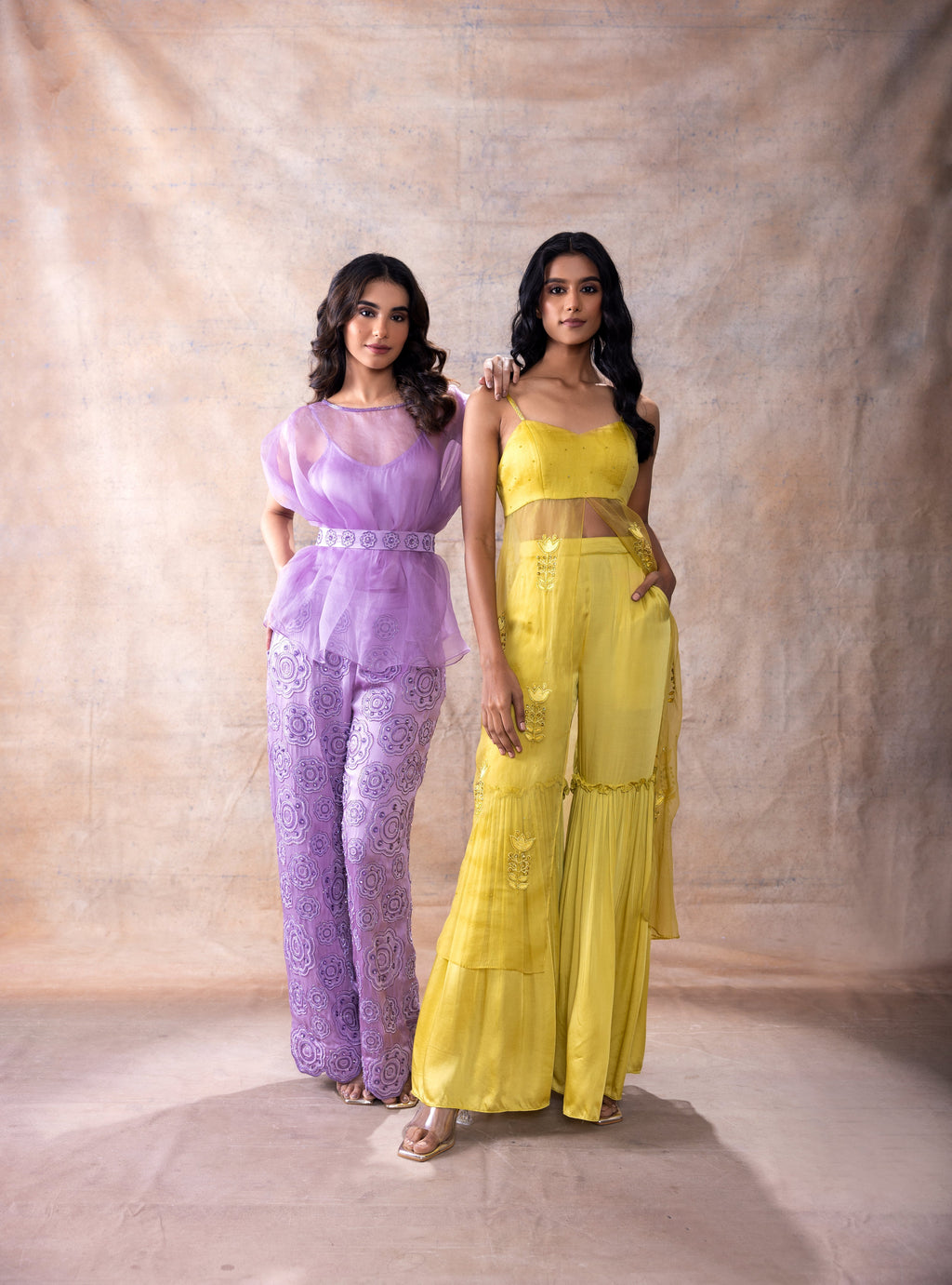 Organza Top with Embroidered Pant Set at Kamakhyaa by Akashi Clothing. This item is Co-ord Sets, Festive Wear, Hand Embroidered, Lavender, missing, Modal Satin, Organza, Party Wear, Party Wear Co-ord Sets, Relaxed Fit, Womenswear, Zaira by Akashi Clothing