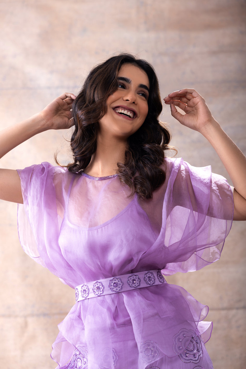 Organza Top with Embroidered Pant Set at Kamakhyaa by Akashi Clothing. This item is Co-ord Sets, Festive Wear, Hand Embroidered, Lavender, missing, Modal Satin, Organza, Party Wear, Party Wear Co-ord Sets, Relaxed Fit, Womenswear, Zaira by Akashi Clothing