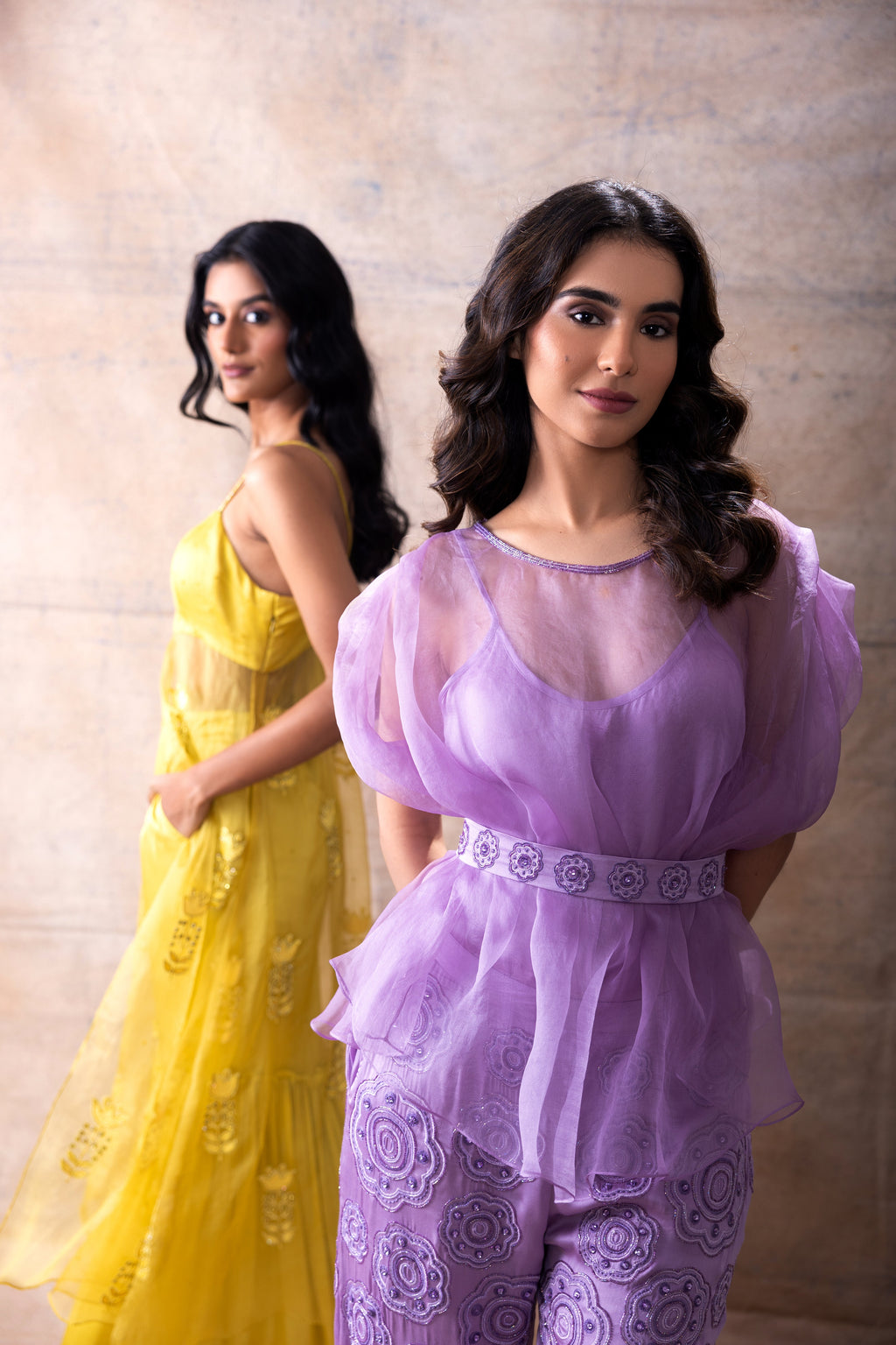 Organza Top with Embroidered Pant Set at Kamakhyaa by Akashi Clothing. This item is Co-ord Sets, Festive Wear, Hand Embroidered, Lavender, missing, Modal Satin, Organza, Party Wear, Party Wear Co-ord Sets, Relaxed Fit, Womenswear, Zaira by Akashi Clothing