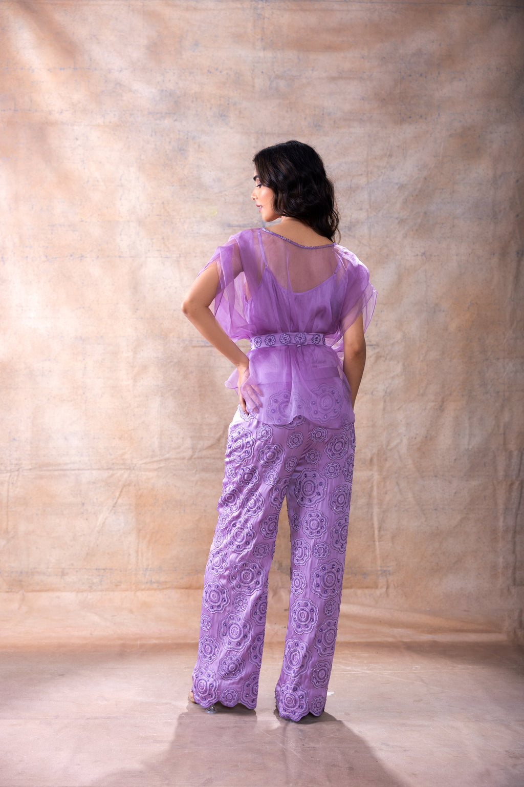 Organza Top with Embroidered Pant Set at Kamakhyaa by Akashi Clothing. This item is Co-ord Sets, Festive Wear, Hand Embroidered, Lavender, missing, Modal Satin, Organza, Party Wear, Party Wear Co-ord Sets, Relaxed Fit, Womenswear, Zaira by Akashi Clothing