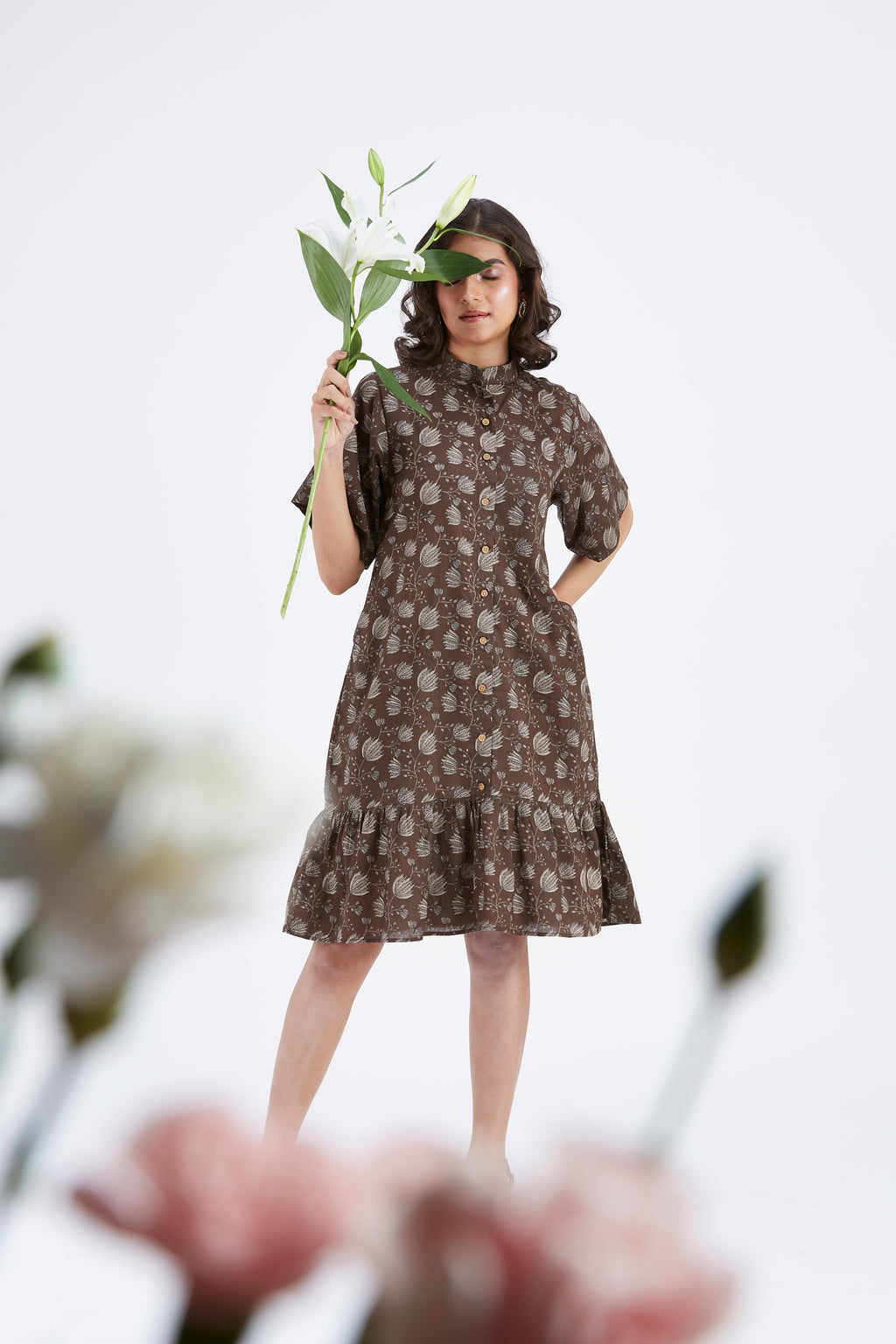 Oria Floral Hand Printed Cotton Dress at Kamakhyaa by Hasttvam. This item is Cotton, Ete by Hasttvam, Floral Prints, Fusion Wear, Hand Printed, Under $200, Womenswear
