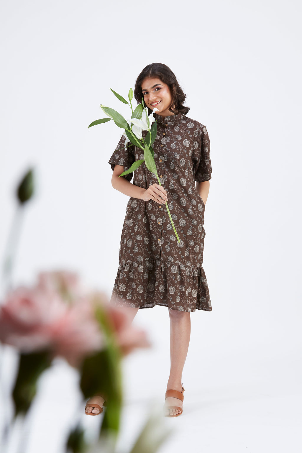 Oria Floral Hand Printed Cotton Dress at Kamakhyaa by Hasttvam. This item is Cotton, Ete by Hasttvam, Floral Prints, Fusion Wear, Hand Printed, Under $200, Womenswear