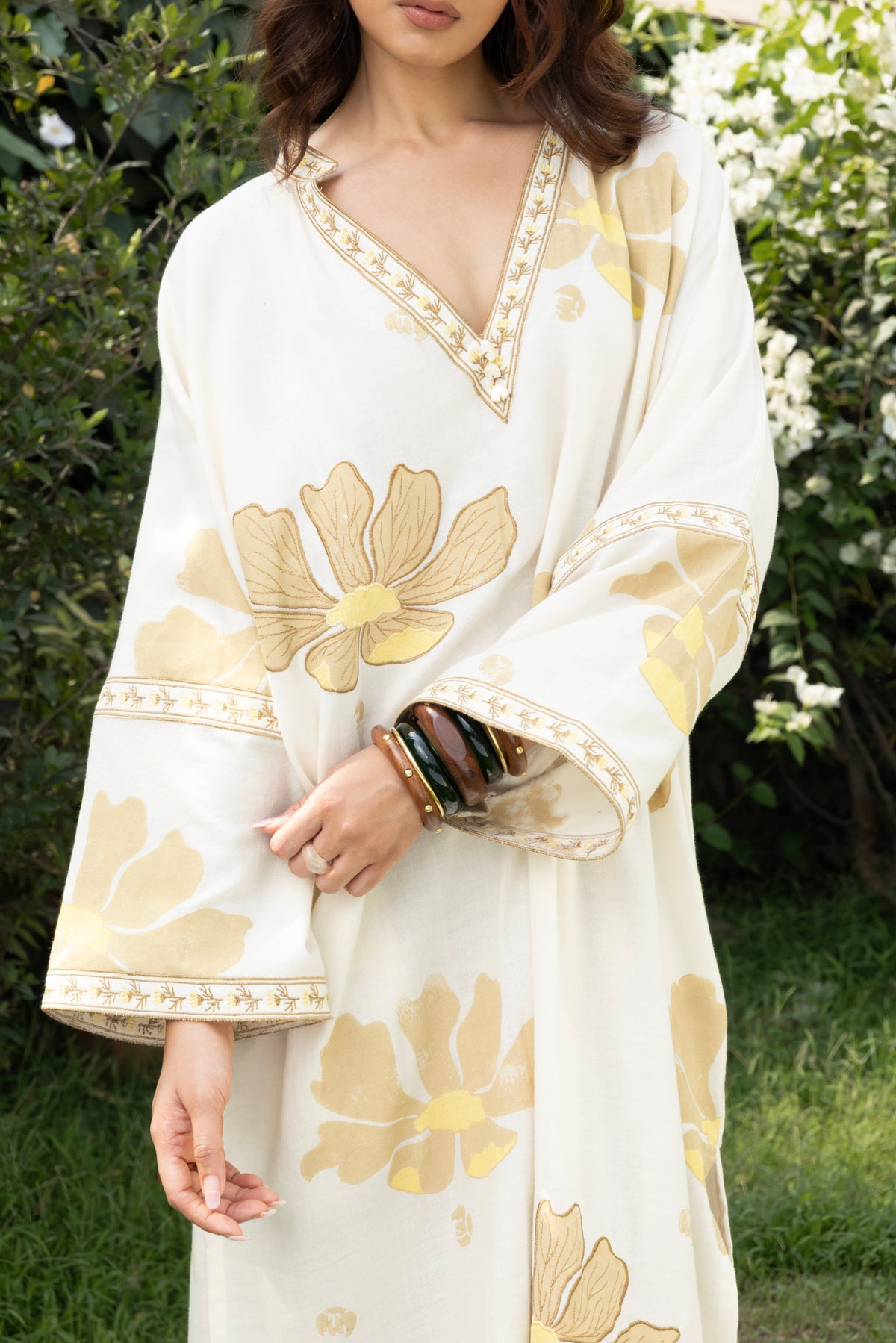 Oversized V-Neck Kaftan with Border Detail at kamakhyaa.com by Akashi Clothing. This item is Cosmos by Akashi Clothing, Internal Tags Missing, Under $50