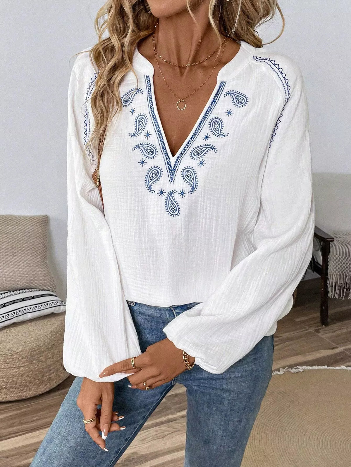 Paisley Notched Balloon Sleeve Blouse at kamakhyaa.com by Trendsi. This item is Axelle, Ship From Overseas, Under $50