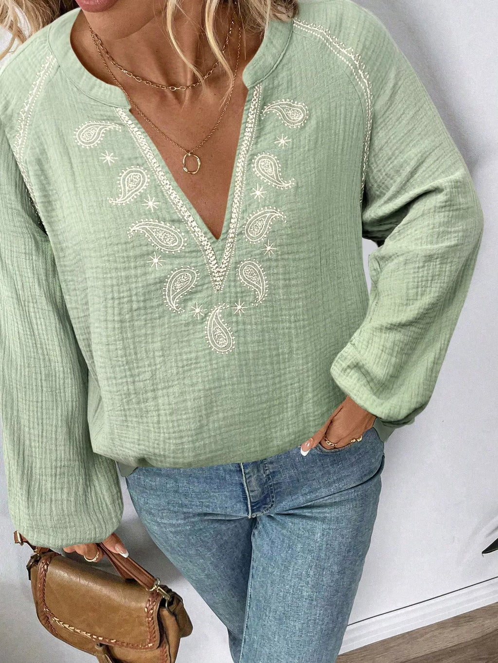 Paisley Notched Balloon Sleeve Blouse at kamakhyaa.com by Trendsi. This item is Axelle, Ship From Overseas, Under $50