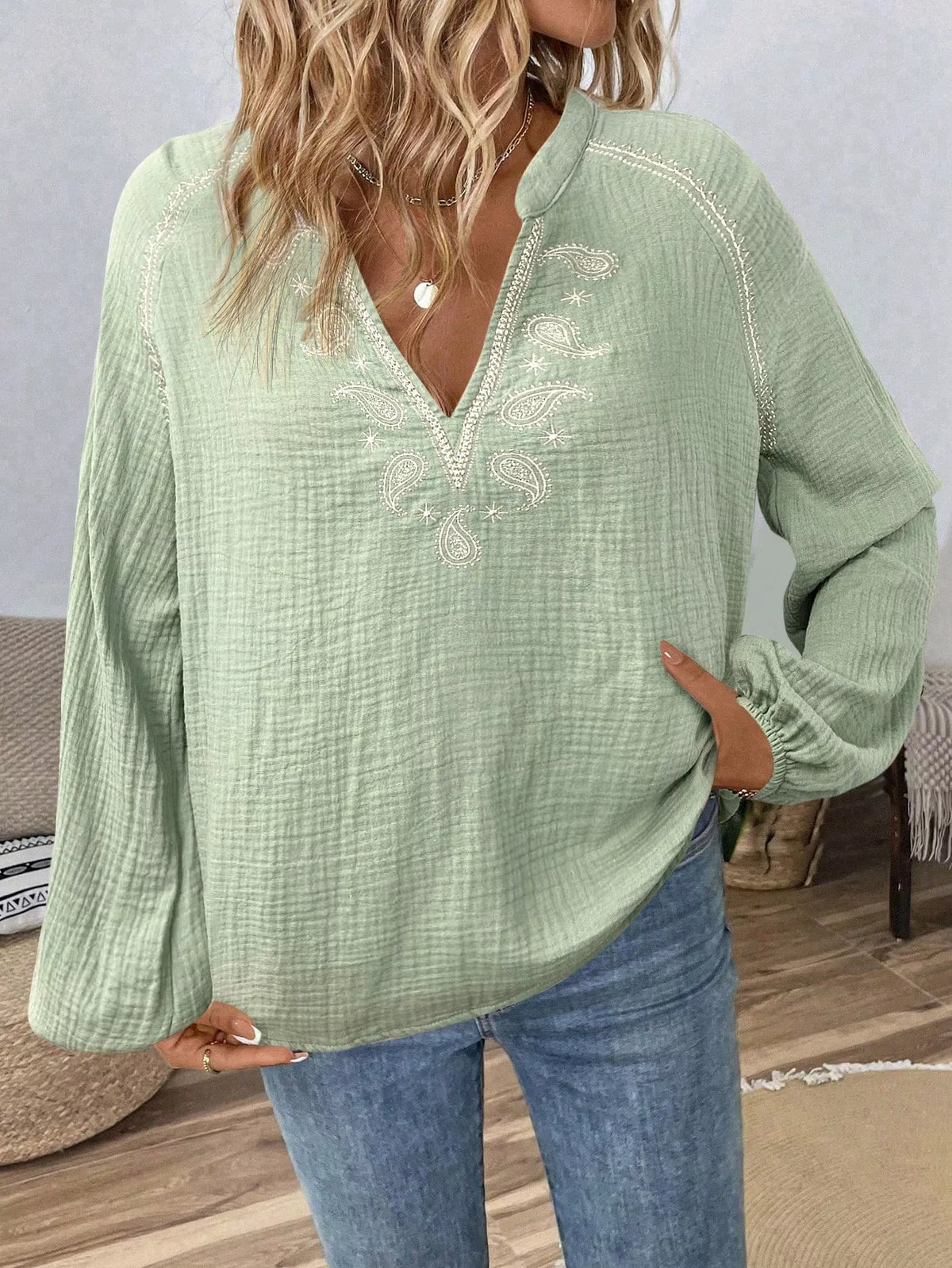 Paisley Notched Balloon Sleeve Blouse at kamakhyaa.com by Trendsi. This item is Axelle, Ship From Overseas, Under $50