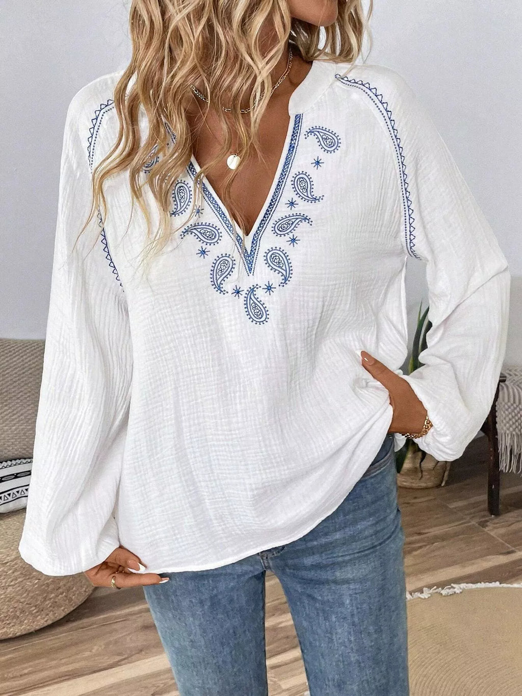 Paisley Notched Balloon Sleeve Blouse at kamakhyaa.com by Trendsi. This item is Axelle, Ship From Overseas, Under $50