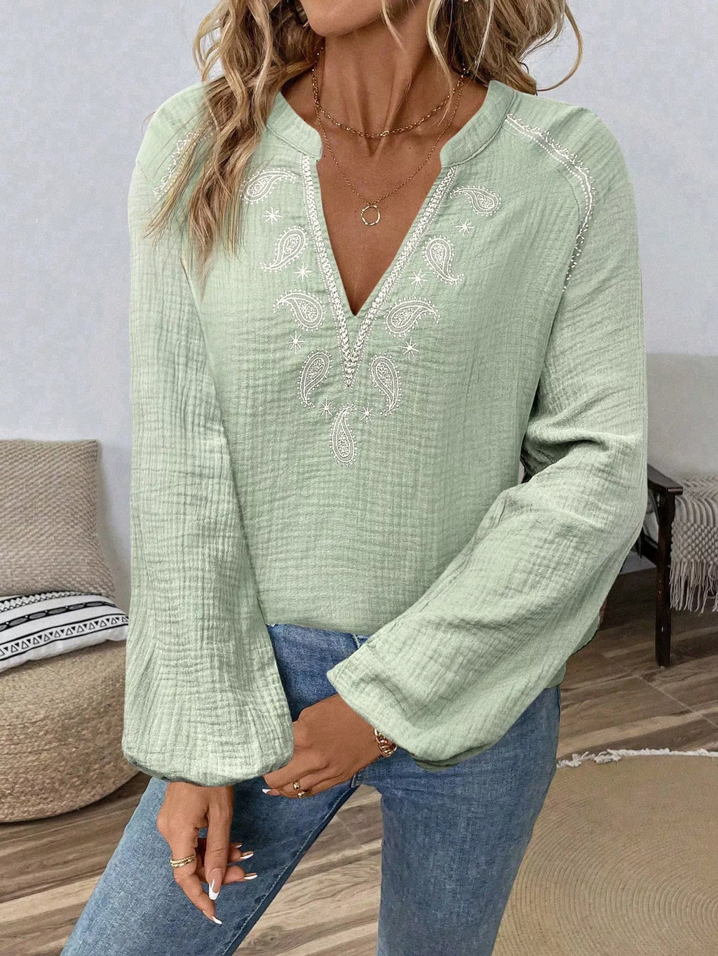 Paisley Notched Balloon Sleeve Blouse at kamakhyaa.com by Trendsi. This item is Axelle, Ship From Overseas, Under $50