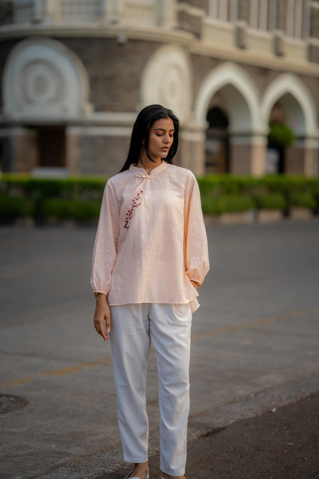 Pale Pink Hand Embroidered Shirt at Kamakhyaa by Krushnachuda. This item is Chilika by Krushnachuda, Embroidered, Handloom Cotton, Loose Fit, Natural Dye, Organic, Outerwear, Pink, Under $100, Womenswear