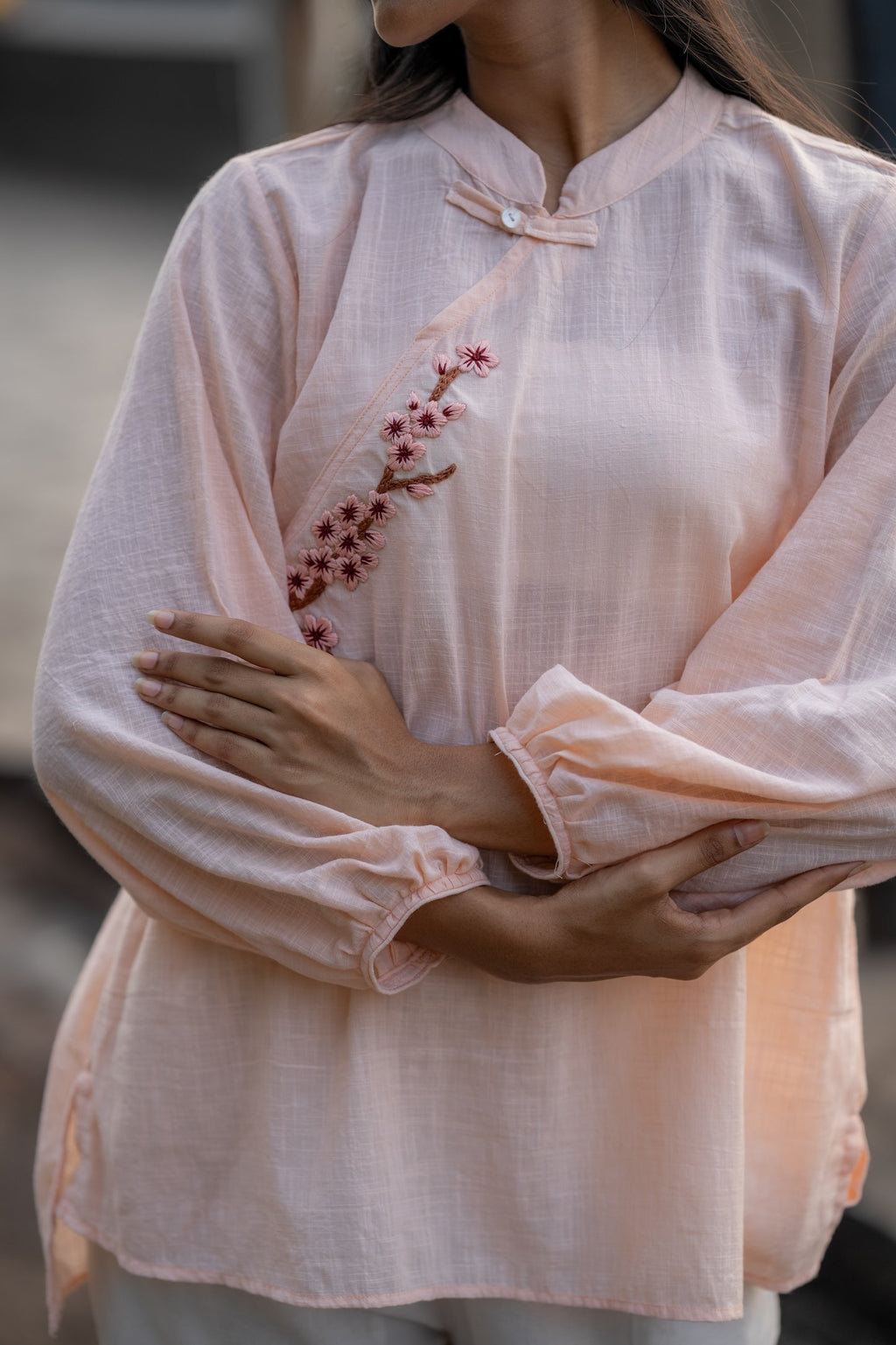 Pale Pink Hand Embroidered Shirt at Kamakhyaa by Krushnachuda. This item is Chilika by Krushnachuda, Embroidered, Handloom Cotton, Loose Fit, Natural Dye, Organic, Outerwear, Pink, Under $100, Womenswear