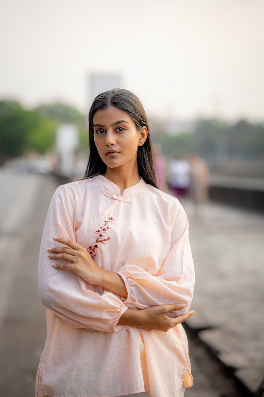 Pale Pink Hand Embroidered Shirt at Kamakhyaa by Krushnachuda. This item is Chilika by Krushnachuda, Embroidered, Handloom Cotton, Loose Fit, Natural Dye, Organic, Outerwear, Pink, Under $100, Womenswear