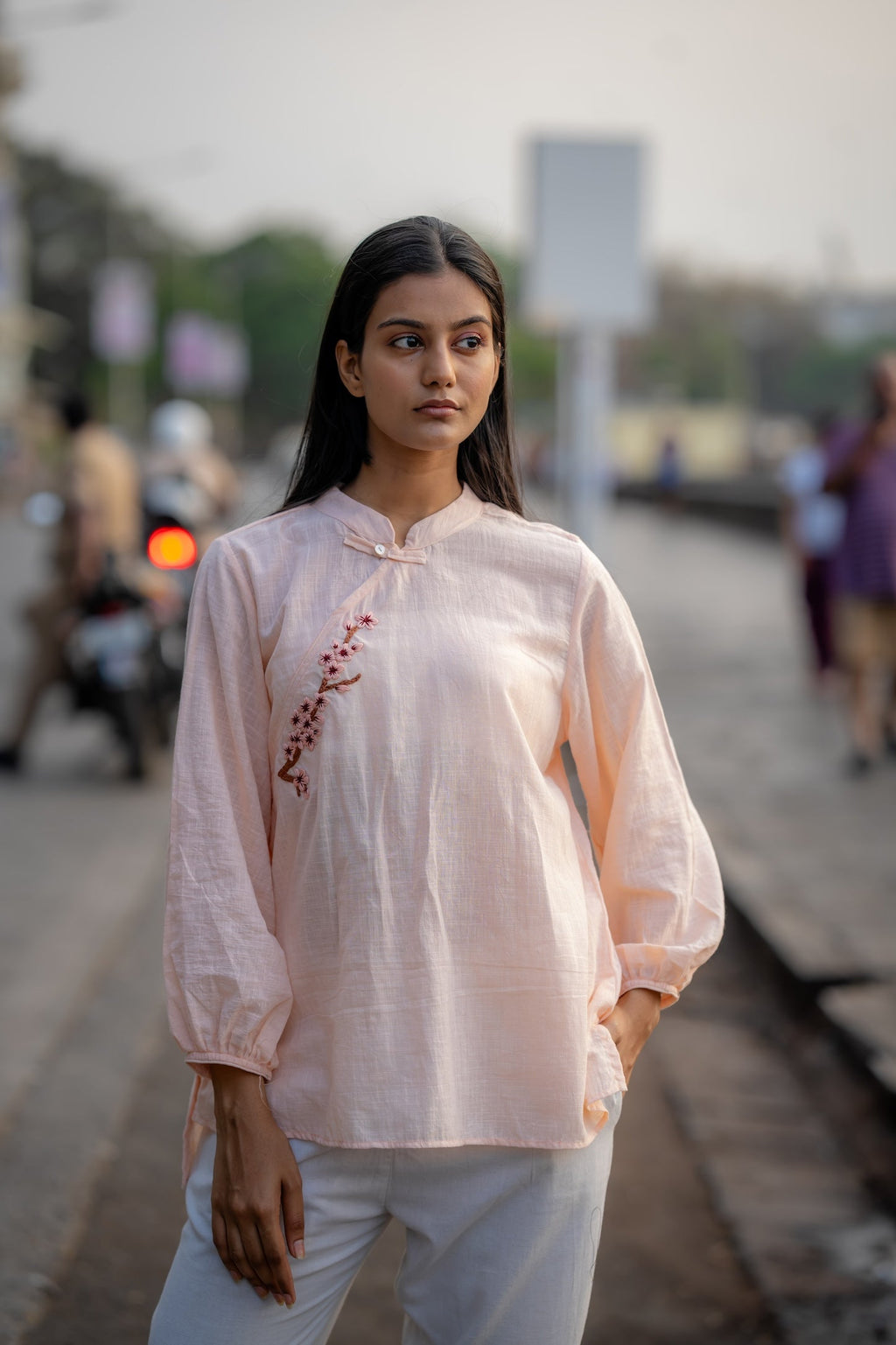 Pale Pink Hand Embroidered Shirt at Kamakhyaa by Krushnachuda. This item is Chilika by Krushnachuda, Embroidered, Handloom Cotton, Loose Fit, Natural Dye, Organic, Outerwear, Pink, Under $100, Womenswear