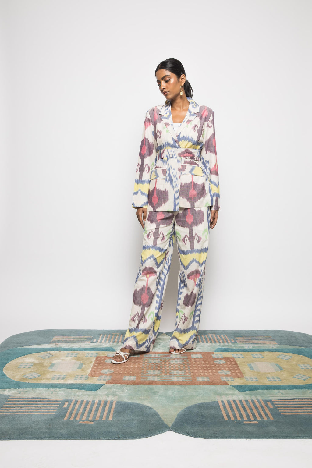 Paperbag Pants at kamakhyaa.com by Anushé Pirani. This item is 100% Cotton, Beach Wear, Brunch Wear, Casual Wear, Console Collection List, Cotton, Fresh Ink by Anushe Pirani, Handwoven cotton, Ikat Prints, Multicolor, Regular Fit, Resort Wear, Vacation Wear, Womenswear