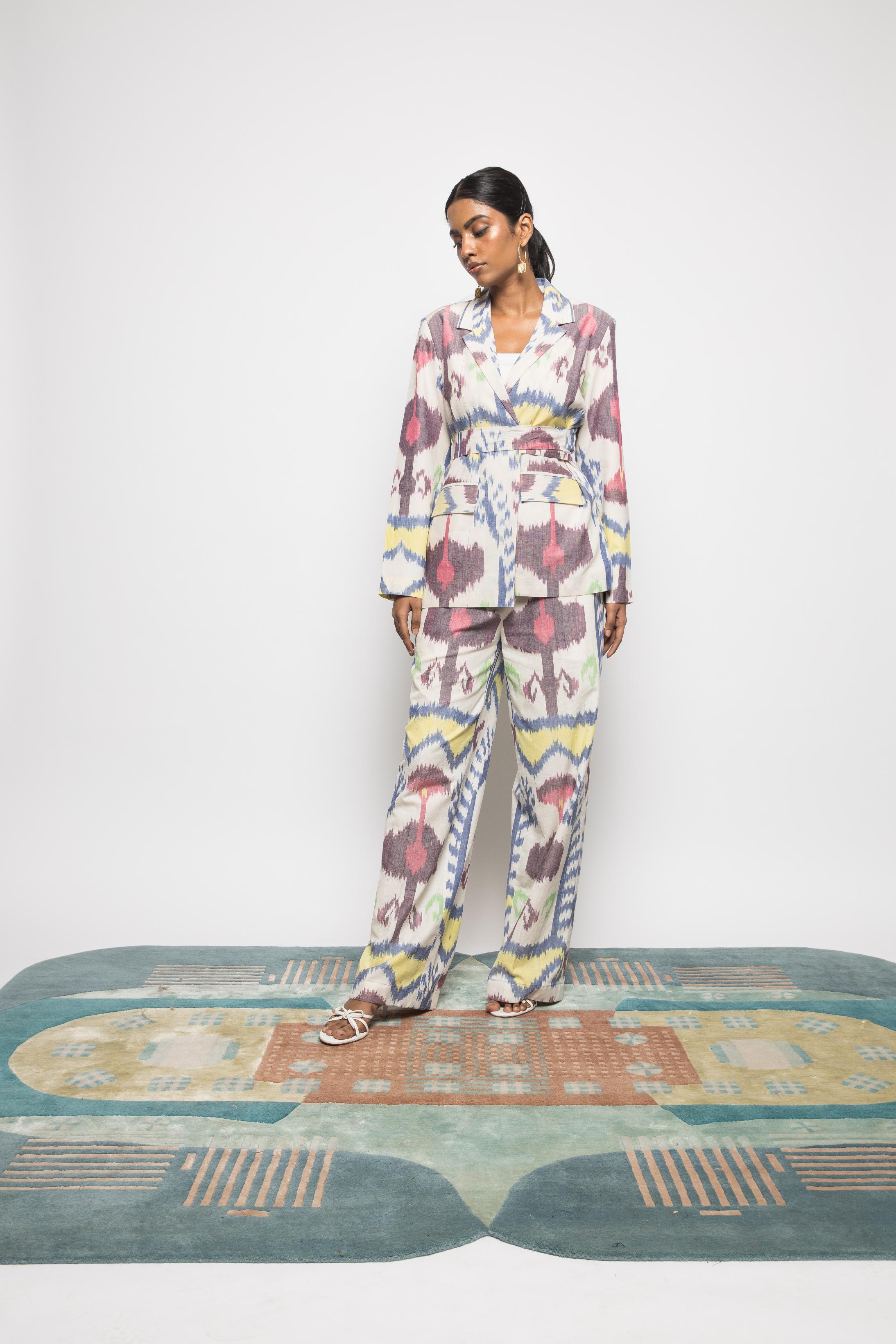 Paperbag Pants at kamakhyaa.com by Anushé Pirani. This item is 100% Cotton, Beach Wear, Brunch Wear, Casual Wear, Console Collection List, Cotton, Fresh Ink by Anushe Pirani, Handwoven cotton, Ikat Prints, Multicolor, Regular Fit, Resort Wear, Vacation Wear, Womenswear