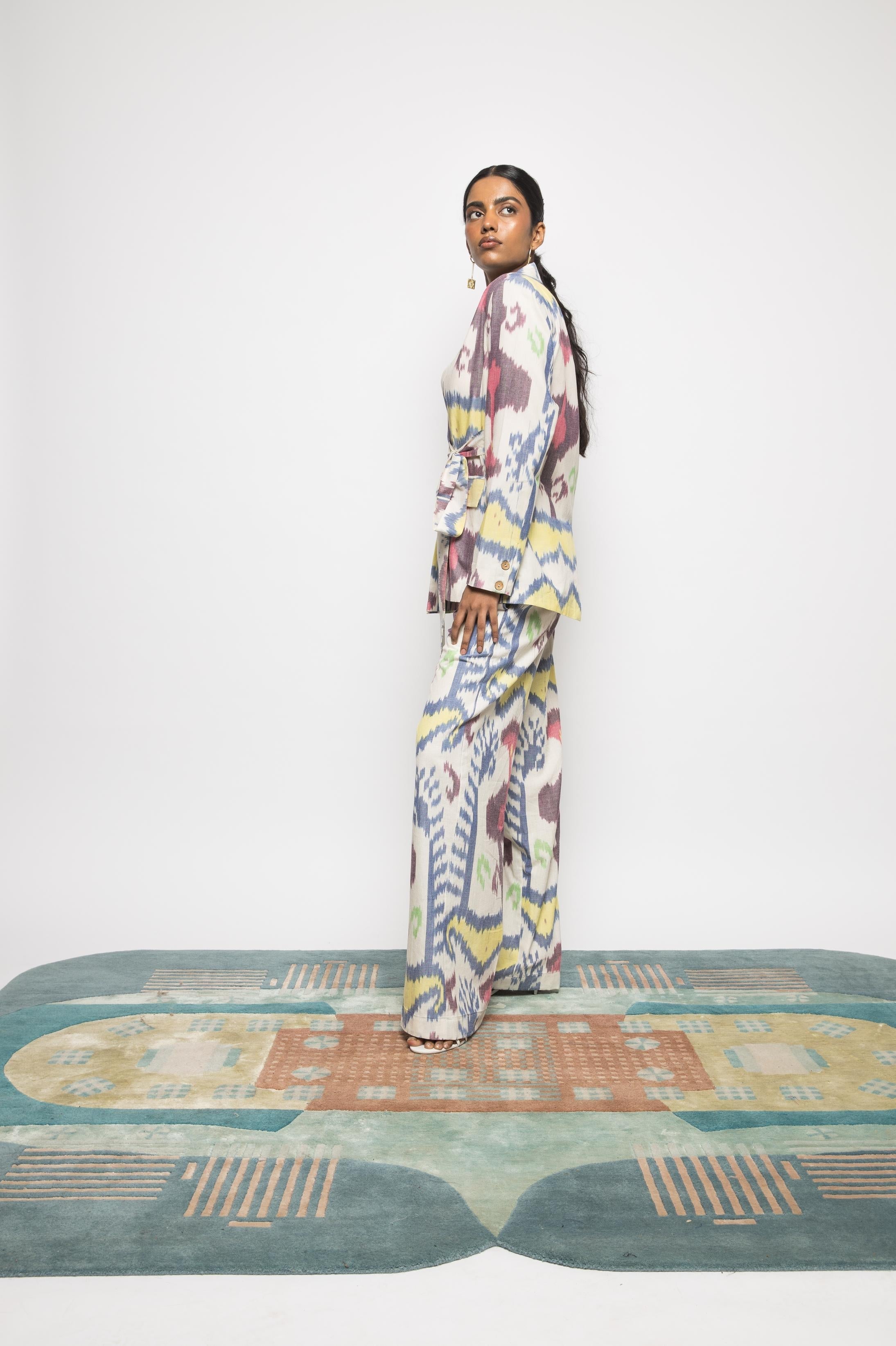 Paperbag Pants at kamakhyaa.com by Anushé Pirani. This item is 100% Cotton, Beach Wear, Brunch Wear, Casual Wear, Console Collection List, Cotton, Fresh Ink by Anushe Pirani, Handwoven cotton, Ikat Prints, Multicolor, Regular Fit, Resort Wear, Vacation Wear, Womenswear