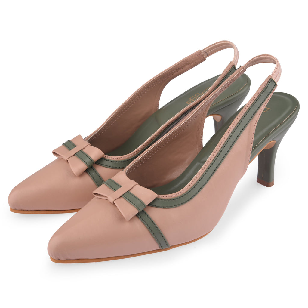Peach Bow Heels at Kamakhyaa by EK_agga. This item is Baby Pink, Blush Pink, Brunch Wear Footwear, Heels, Indian Formals Footwear, Light Pink, missing, Peach, Pink, Pointed Toes Footwear, Under $50