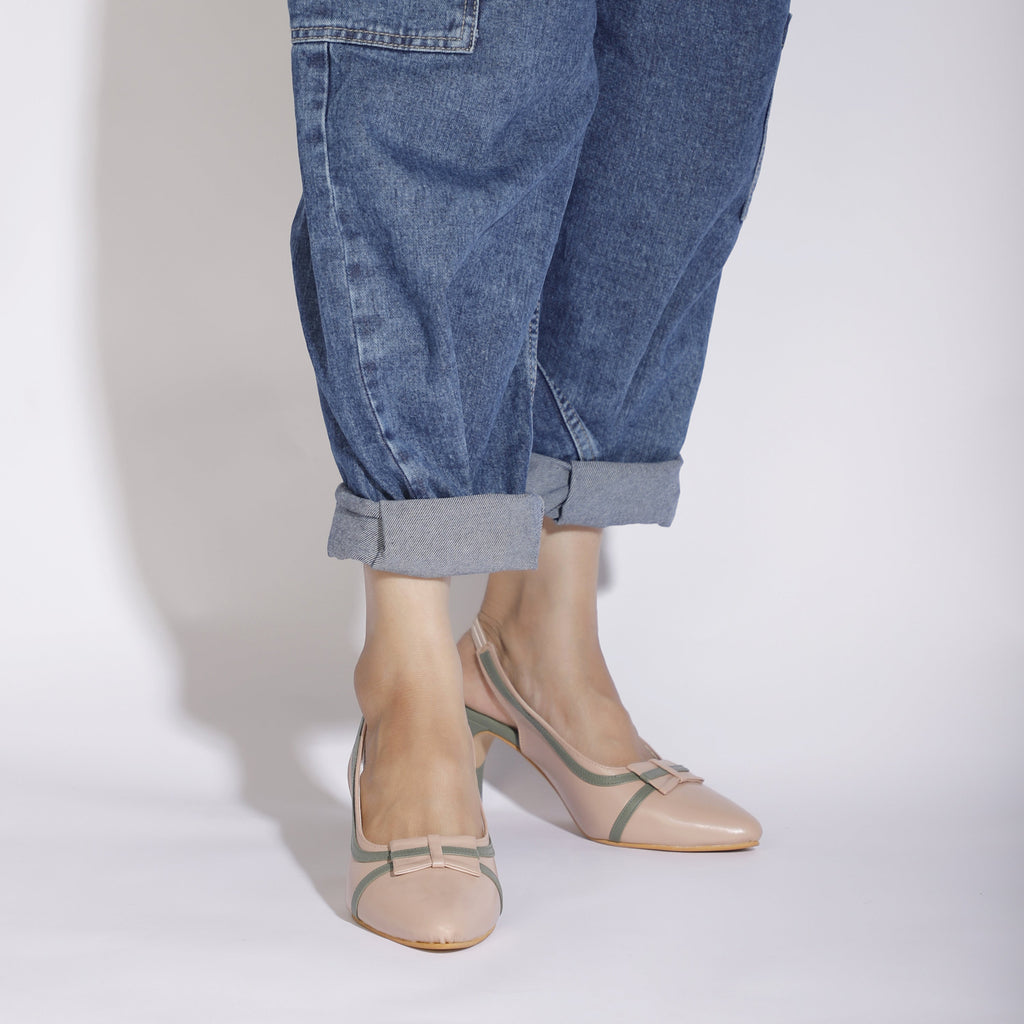 Peach Bow Heels at Kamakhyaa by EK_agga. This item is Baby Pink, Blush Pink, Brunch Wear Footwear, Heels, Indian Formals Footwear, Light Pink, missing, Peach, Pink, Pointed Toes Footwear, Under $50