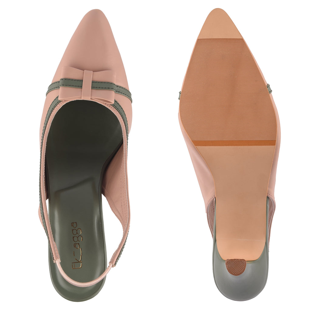 Peach Bow Heels at Kamakhyaa by EK_agga. This item is Baby Pink, Blush Pink, Brunch Wear Footwear, Heels, Indian Formals Footwear, Light Pink, missing, Peach, Pink, Pointed Toes Footwear, Under $50