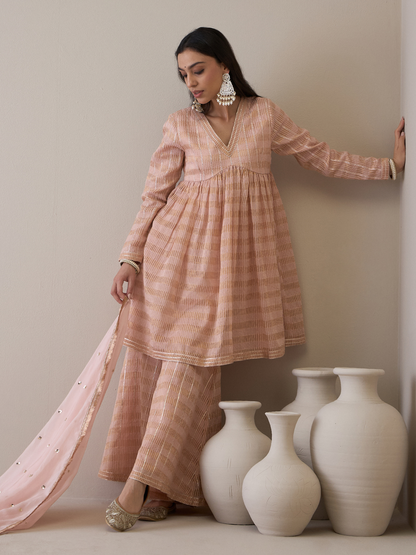 Peach Chanderi Silk Gota Embroidered Sharara Set at Kamakhyaa by RoohbyRidhimaa. This item is Avani by RoohbyRidhimaa, Chanderi Silk, Ethnic Wear, Gotta Embroidery, Pink, Relaxed Fit, Sequin Embroidered, Sharara Sets, Silk Chanderi, Silk Organza, Toxin free