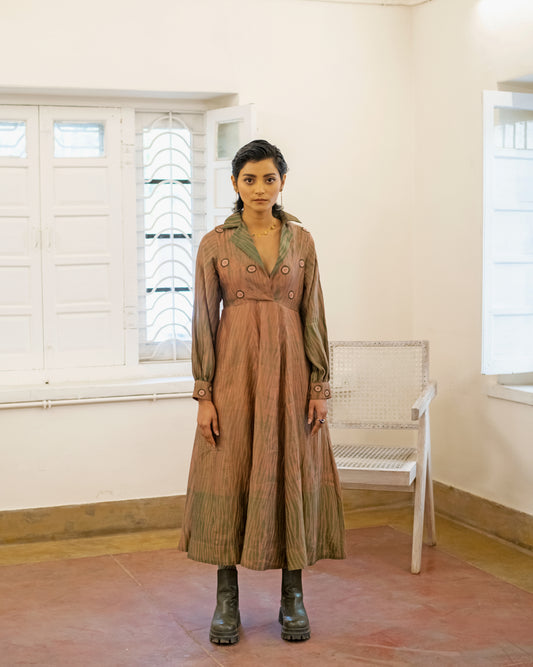 Peach & Pine at Kamakhyaa by The Loom Art. This item is Brown, Casual Wear, Fall, Handwoven Chanderi Silk, July Sale, July Sale 2023, Lucid Dreams, Luicid Dream, Organic, Shirt Dresses, Solids, Womenswear