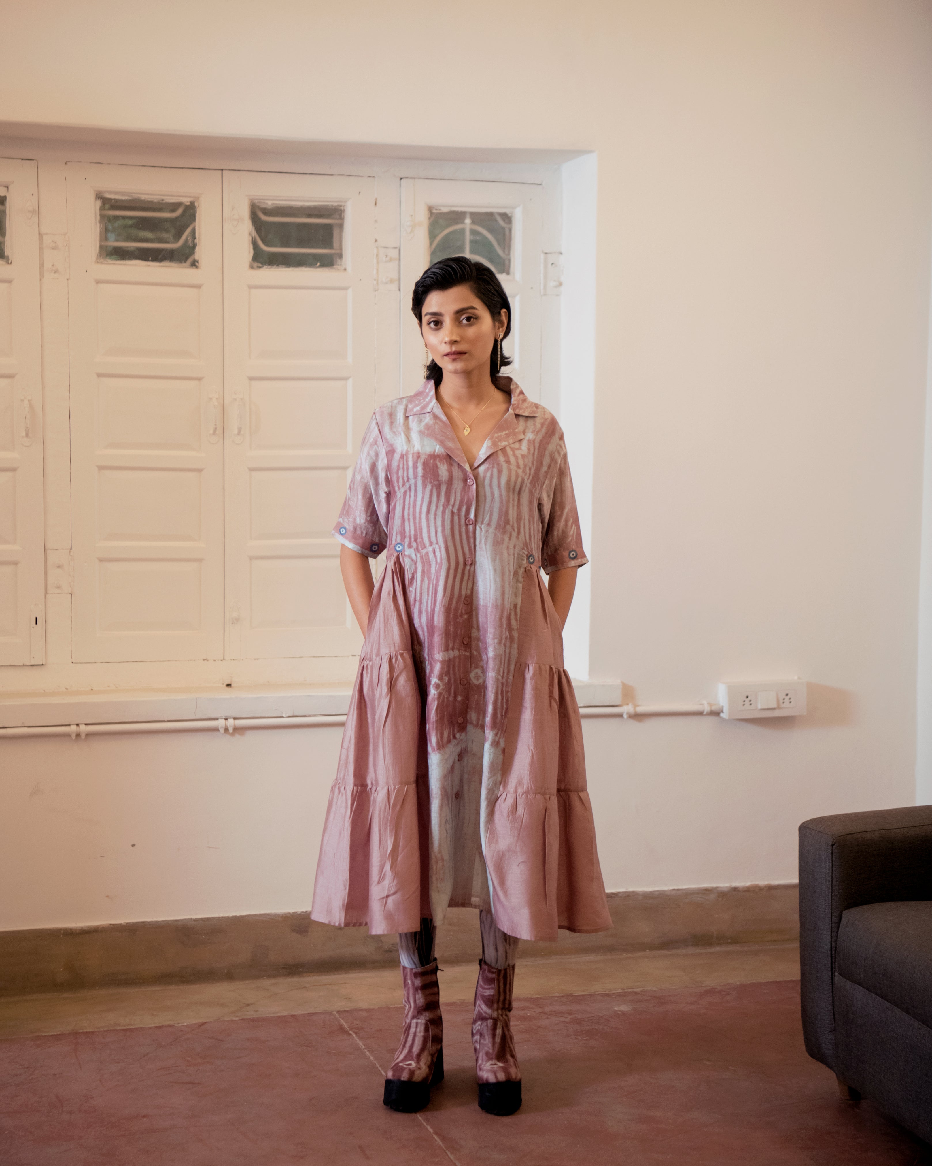 Persian Rust at Kamakhyaa by The Loom Art. This item is Casual Wear, Fall, Handwoven Chanderi Silk, July Sale, July Sale 2023, Lucid Dreams, Luicid Dream, Organic, Pink, Relaxed Fit, Solids, Tiered Dresses, Womenswear