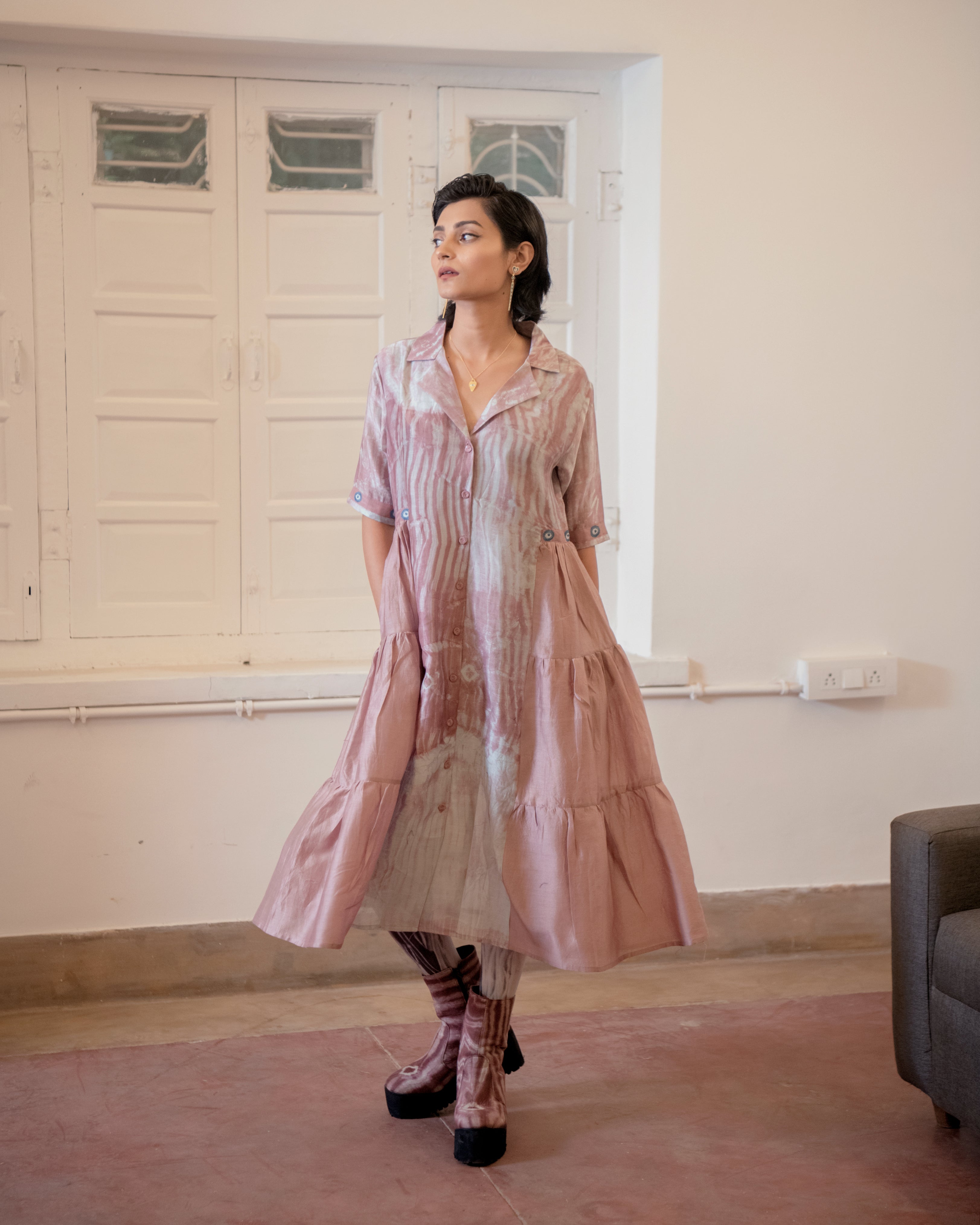 Persian Rust at Kamakhyaa by The Loom Art. This item is Casual Wear, Fall, Handwoven Chanderi Silk, July Sale, July Sale 2023, Lucid Dreams, Luicid Dream, Organic, Pink, Relaxed Fit, Solids, Tiered Dresses, Womenswear