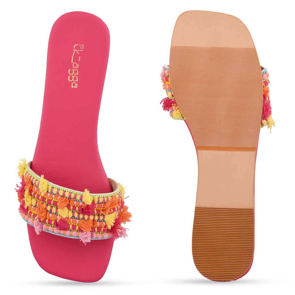 Pink Beaded Flats at Kamakhyaa by EK_agga. This item is Date Night Fit, Embroidered, Festive Wear, Flats, For Daughter, Haldi Function, Haldi Function Footwear, Iconic Threads of Priyanka, Not Priced, Open Toes Footwear, Patent leather, Pink, Resort Wear, swarnali, Vegan, Wedding Wear, Wedding Wear Footwear