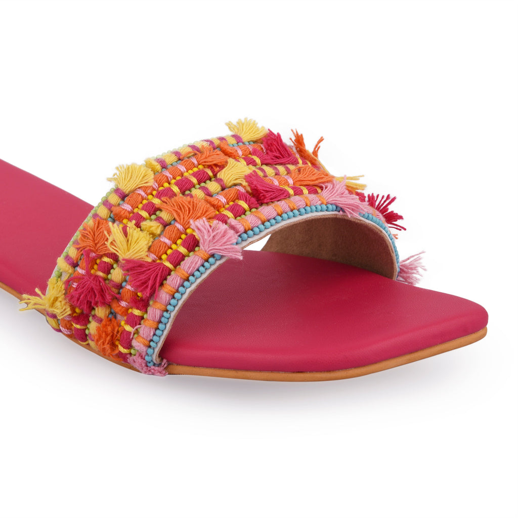 Pink Beaded Flats at Kamakhyaa by EK_agga. This item is Date Night Fit, Embroidered, Festive Wear, Flats, For Daughter, Haldi Function, Haldi Function Footwear, Iconic Threads of Priyanka, Not Priced, Open Toes Footwear, Patent leather, Pink, Resort Wear, swarnali, Vegan, Wedding Wear, Wedding Wear Footwear