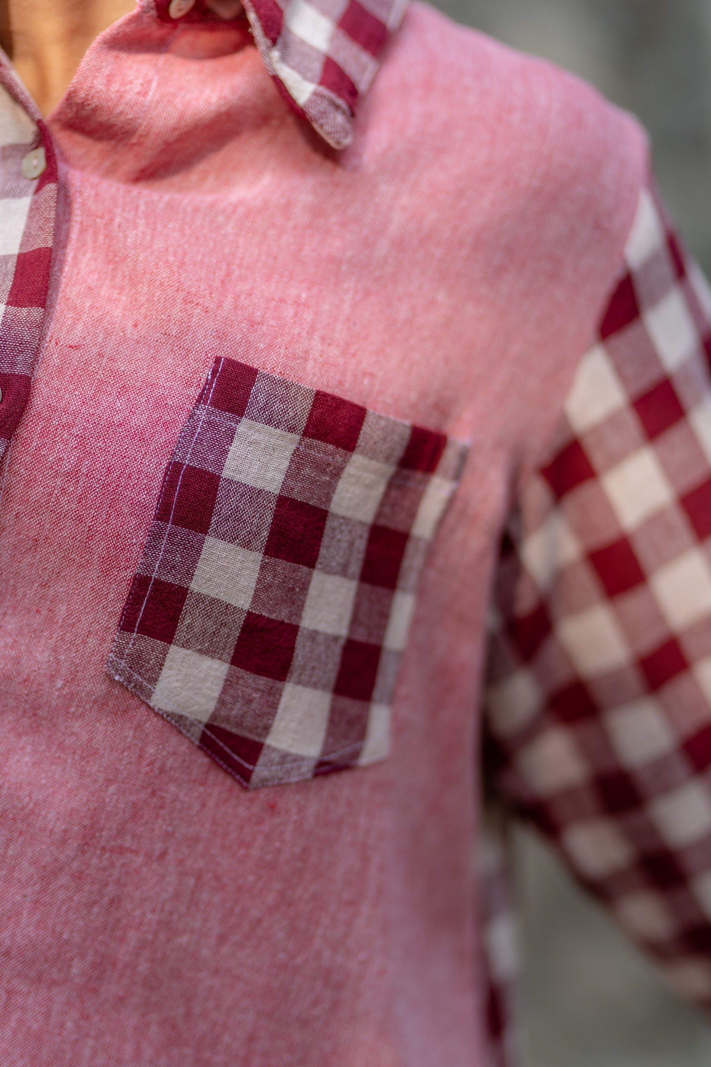 Pink Contrast Plaid Naturally Dyed Shirt at Kamakhyaa by Krushnachuda. This item is Casual Wear, Checks, Handloom Cotton, Natural Dye, Organic, Pink, Regular Fit, Shirts