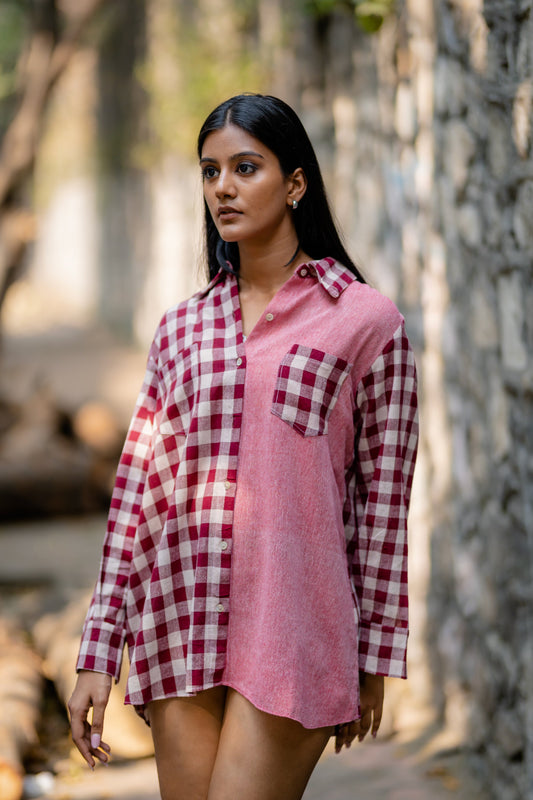 Pink Contrast Plaid Naturally Dyed Shirt at Kamakhyaa by Krushnachuda. This item is Casual Wear, Checks, Handloom Cotton, Natural Dye, Organic, Pink, Regular Fit, Shirts