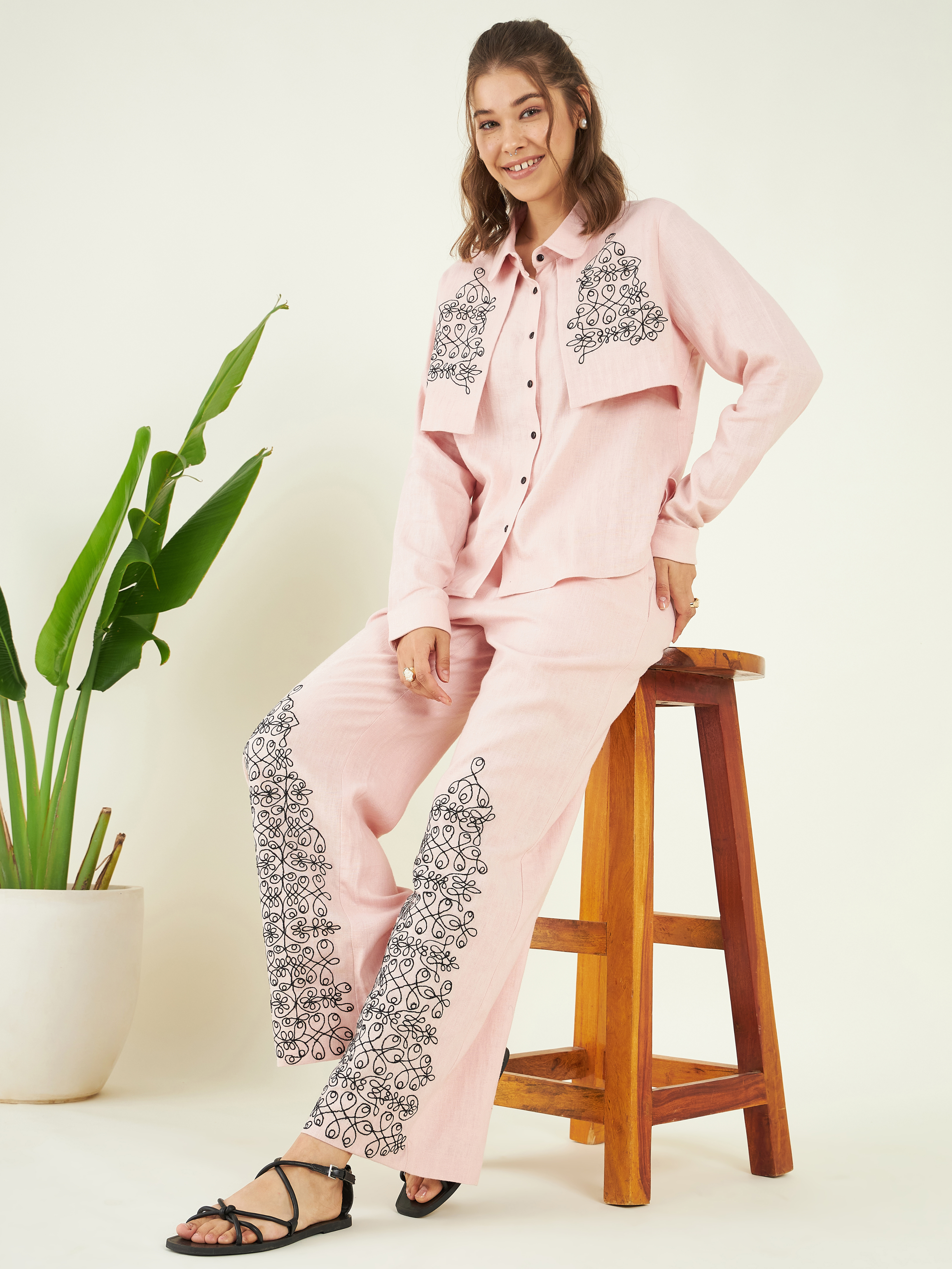 Pink Cotton Linen Co-ord Set at Kamakhyaa by Bohobi. This item is 100% Linen, 100% pure cotton, Cotton Mulmul, Evening Wear, Lounge Wear Co-ord Sets, Mulmul, Mulmul cotton, Pink, Prints, Regular Fit, Toxin free