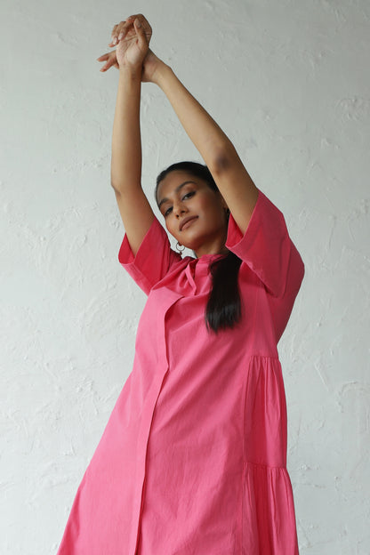 Pink Cotton Poplin Gathered Mini Dress at Kamakhyaa by Canoopi. This item is Canoopi, Casual Wear, Dresses, Natural, Pink, Poplin, Regular Fit, Shirt Dresses, Solids, Womenswear