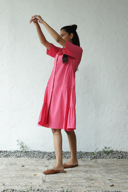 Pink Cotton Poplin Gathered Mini Dress at Kamakhyaa by Canoopi. This item is Canoopi, Casual Wear, Dresses, Natural, Pink, Poplin, Regular Fit, Shirt Dresses, Solids, Womenswear