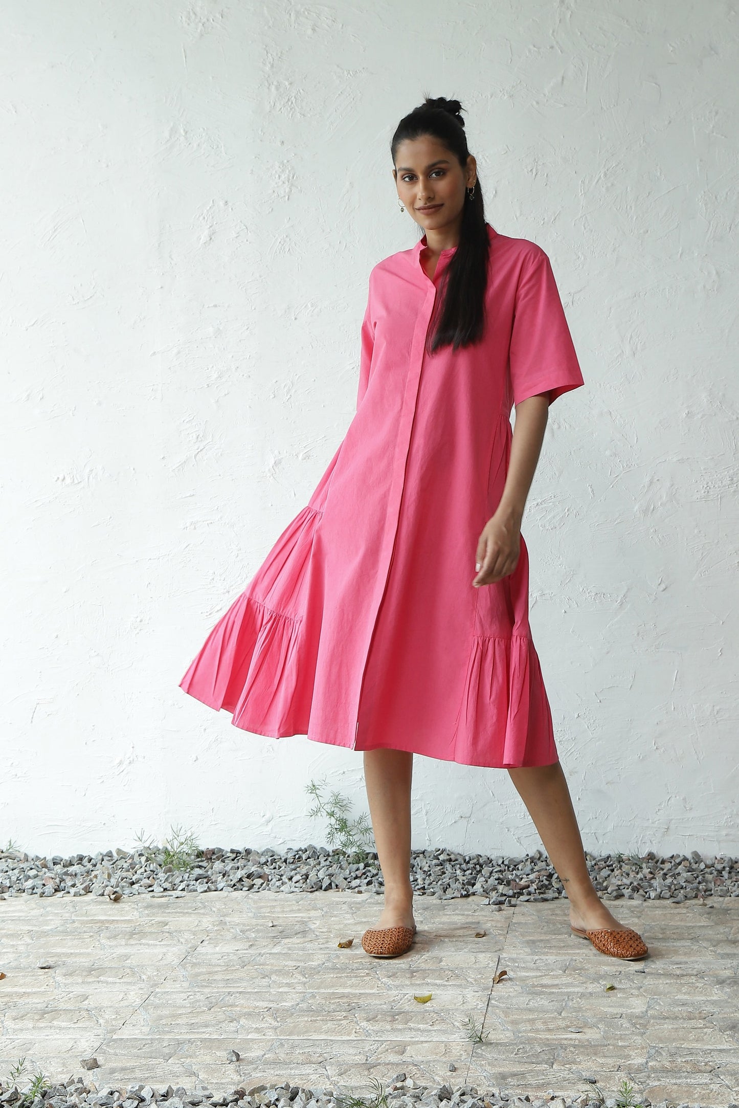 Pink Cotton Poplin Gathered Mini Dress at Kamakhyaa by Canoopi. This item is Canoopi, Casual Wear, Dresses, Natural, Pink, Poplin, Regular Fit, Shirt Dresses, Solids, Womenswear