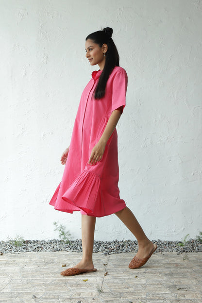 Pink Cotton Poplin Gathered Mini Dress at Kamakhyaa by Canoopi. This item is Canoopi, Casual Wear, Dresses, Natural, Pink, Poplin, Regular Fit, Shirt Dresses, Solids, Womenswear