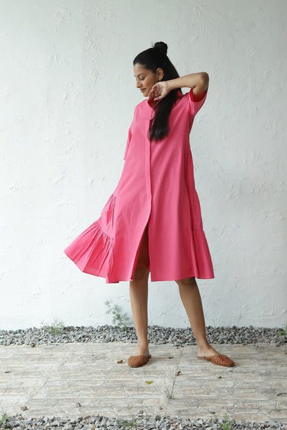 Pink Cotton Poplin Gathered Mini Dress at Kamakhyaa by Canoopi. This item is Canoopi, Casual Wear, Dresses, Natural, Pink, Poplin, Regular Fit, Shirt Dresses, Solids, Womenswear