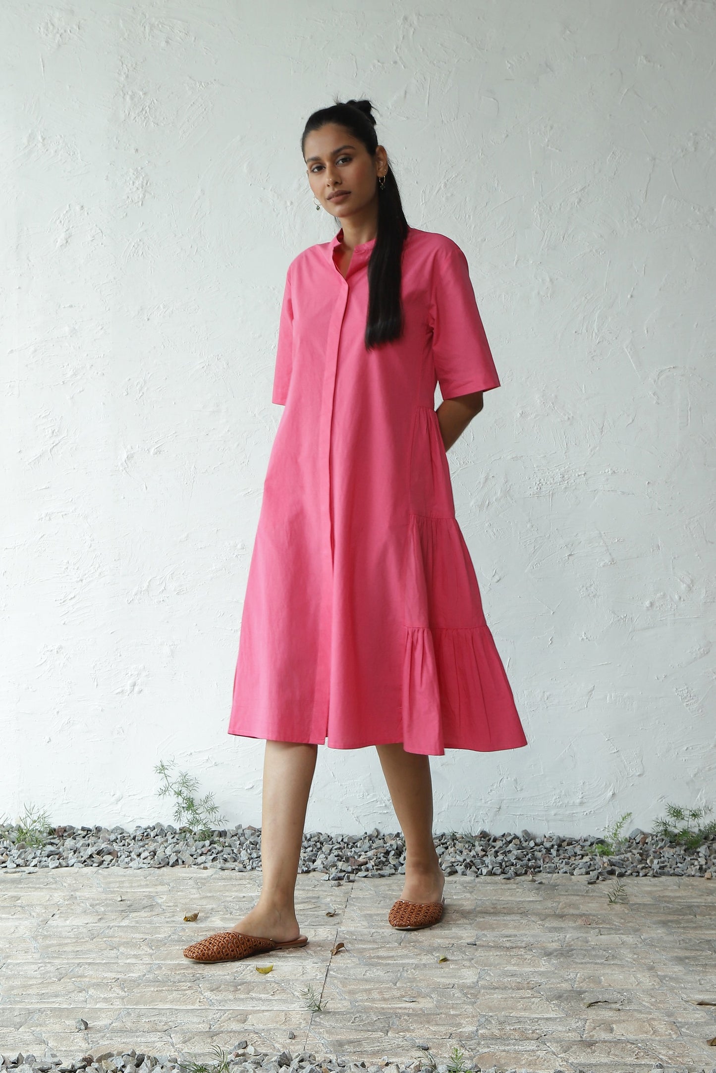 Pink Cotton Poplin Gathered Mini Dress at Kamakhyaa by Canoopi. This item is Canoopi, Casual Wear, Dresses, Natural, Pink, Poplin, Regular Fit, Shirt Dresses, Solids, Womenswear