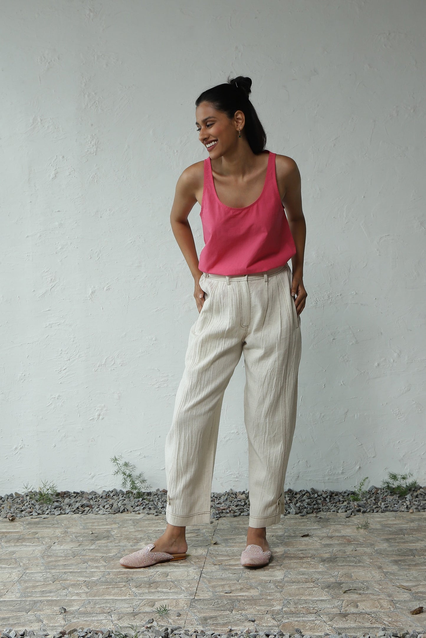 Pink Cotton Poplin Top Pant Set at Kamakhyaa by Canoopi. This item is Canoopi, Casual Wear, Complete Sets, Natural, Pink, Poplin, Rayon, Regular Fit, Solids, Travel Co-ords, White, Womenswear