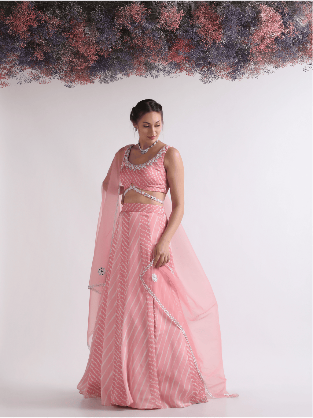Pink Crepe Lehenga Set at Kamakhyaa by RoohbyRidhimaa. This item is Embroidered, Festive Wear, Free Size, Lehenga Sets, Mirror Embroidery, Pink, Toxin free, Viscose Crepe