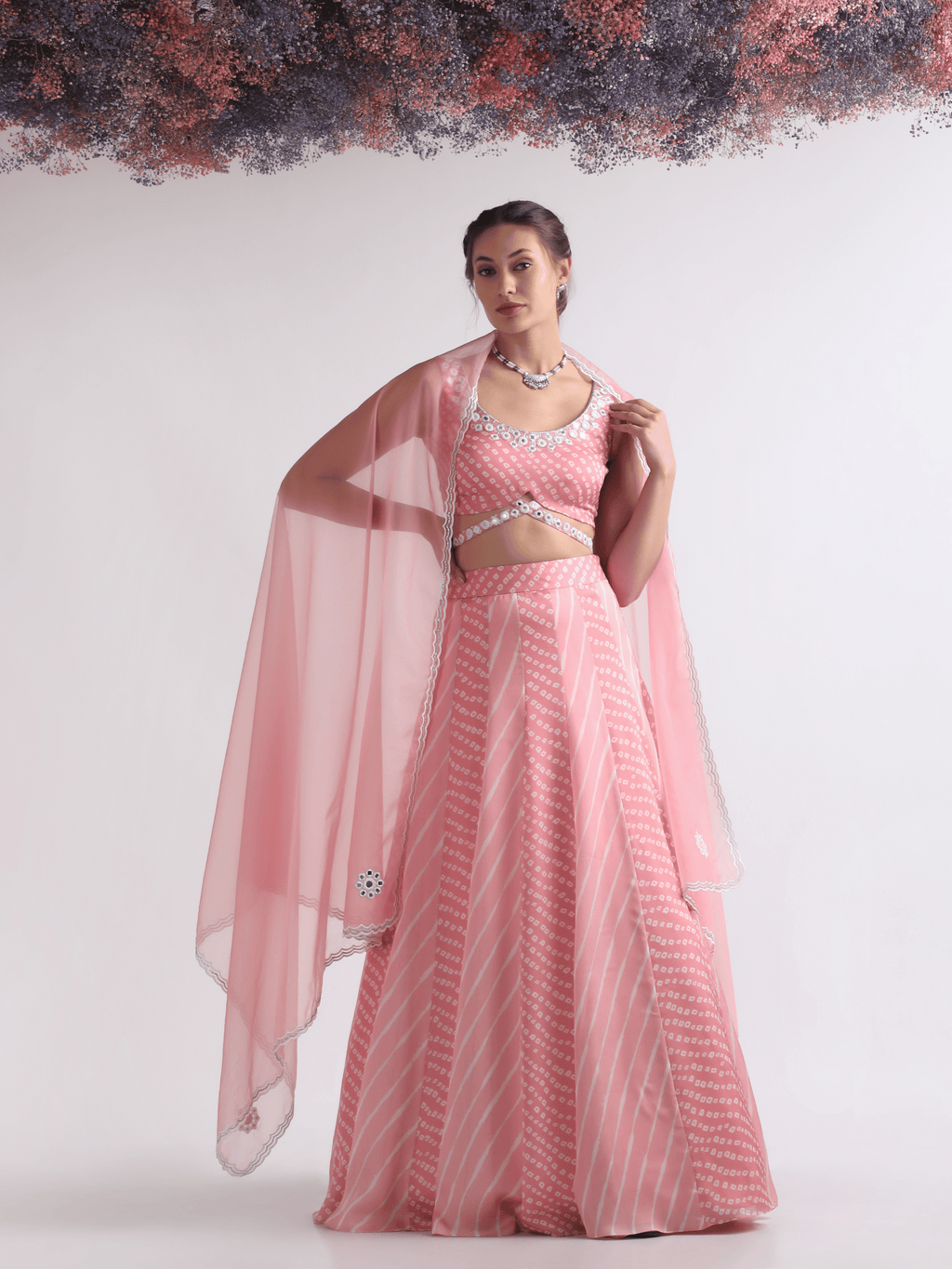 Pink Crepe Lehenga Set at Kamakhyaa by RoohbyRidhimaa. This item is Embroidered, Festive Wear, Free Size, Lehenga Sets, Mirror Embroidery, Pink, Toxin free, Viscose Crepe