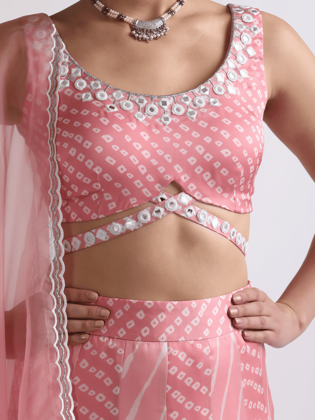Pink Crepe Lehenga Set at Kamakhyaa by RoohbyRidhimaa. This item is Embroidered, Festive Wear, Free Size, Lehenga Sets, Mirror Embroidery, Pink, Toxin free, Viscose Crepe