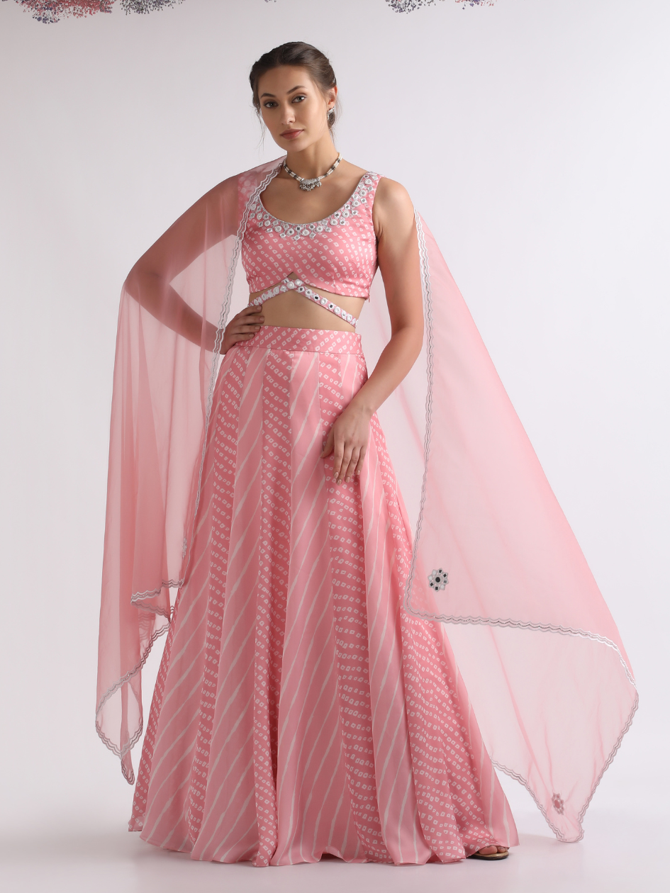 Pink Crepe Lehenga Set at Kamakhyaa by RoohbyRidhimaa. This item is Embroidered, Festive Wear, Free Size, Lehenga Sets, Mirror Embroidery, Pink, Toxin free, Viscose Crepe