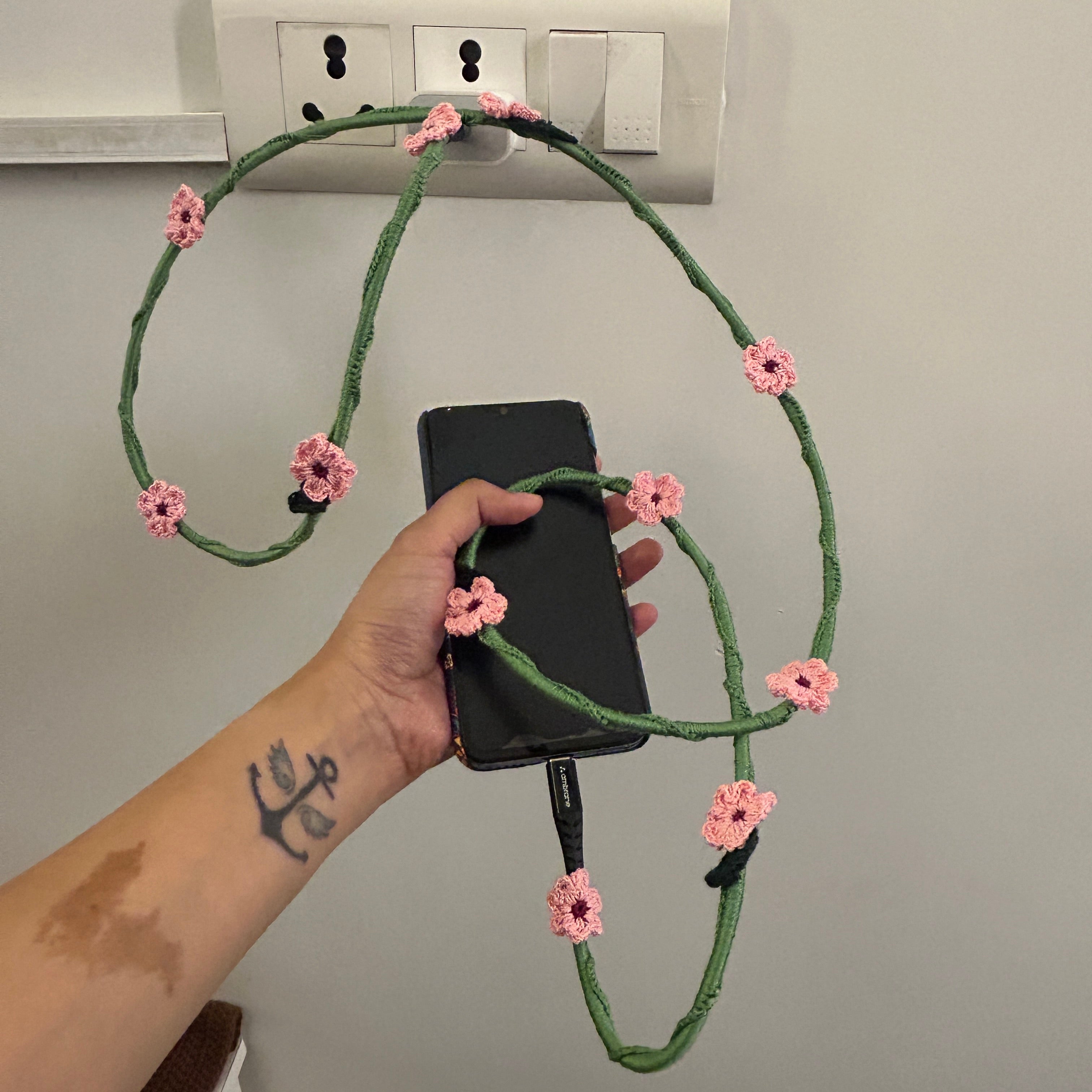 Pink Daisy Crochet Charging Cord C-C Cable at Kamakhyaa by Ikriit'm. This item is Bloom by Ikriit'm, Crochet, Relaxed Fit, Under $50