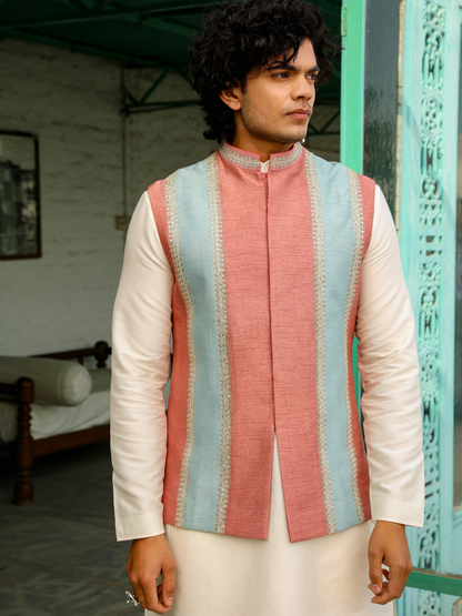 Pink Dori Embroidery Jacket at Kamakhyaa by RoohbyRidhimaa. This item is Aangan By RoohbyRidhimaa, Dori Embroidery, Festive Wear, Jackets, Men Jackets, Menswear By RoohbyRidhimaa, Pink, Regular Fit, Viscose Raw Silk