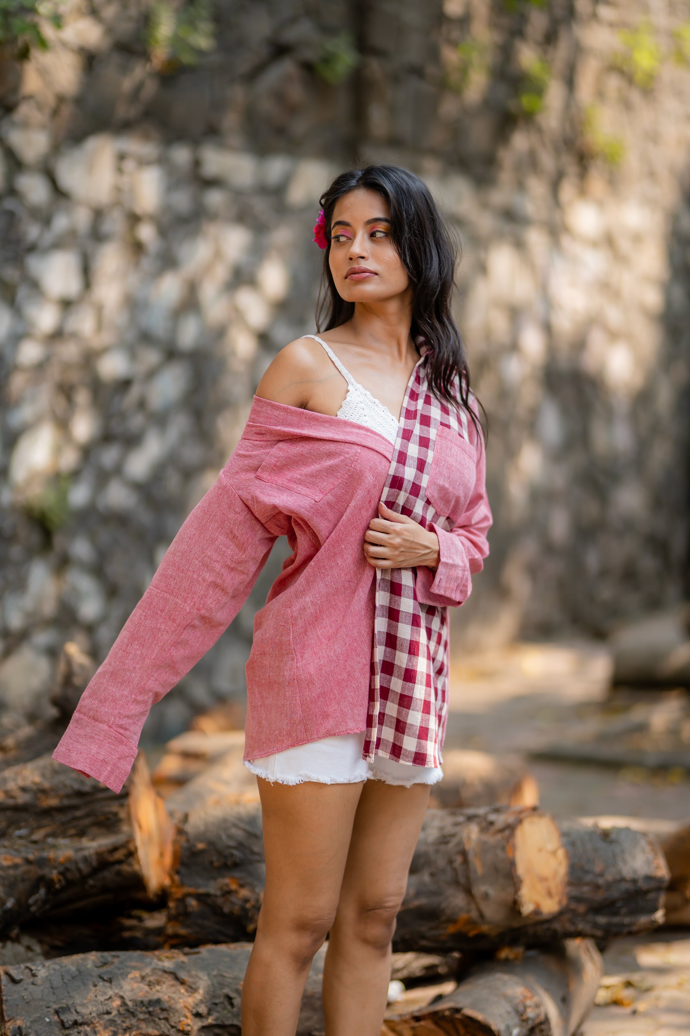 Pink Dual Tone Plaid Shirt with Front Pocket at Kamakhyaa by Krushnachuda. This item is Casual Wear, Checks, Handloom Cotton, Natural Dye, Organic, Pink, Regular Fit, Shirts